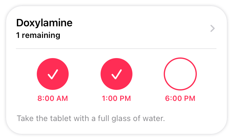 An illustration of a task that consists of three circles that represent three doses of a medicine. The first two circles are filled in and contain checkmarks, indicating that the patient has already taken two doses.