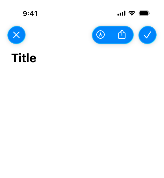 A screenshot of the top half of an iPhone app that shows a toolbar with several buttons. All of the buttons in the toolbar use a blue accent color for their Liquid Glass background.