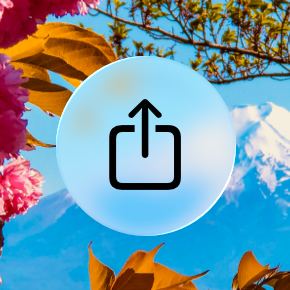 A screenshot of the Share button in iOS over a colorful image. The colors from the background image infuse the Liquid Glass in the button, affecting its color.