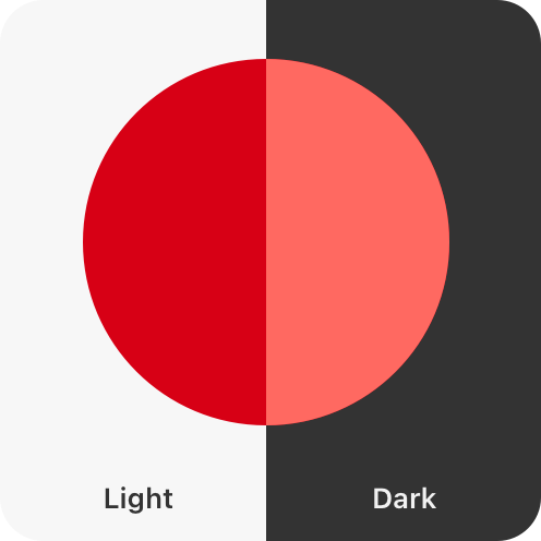 An illustration demonstrating how the system-defined accessibility-specific color red appears above a light and dark background. In the illustration, a circle is positioned above a rounded rectangle. The left side of the rounded rectangle is light in color, and the right side is dark. The left side of the circle is considerably darker than the right side.