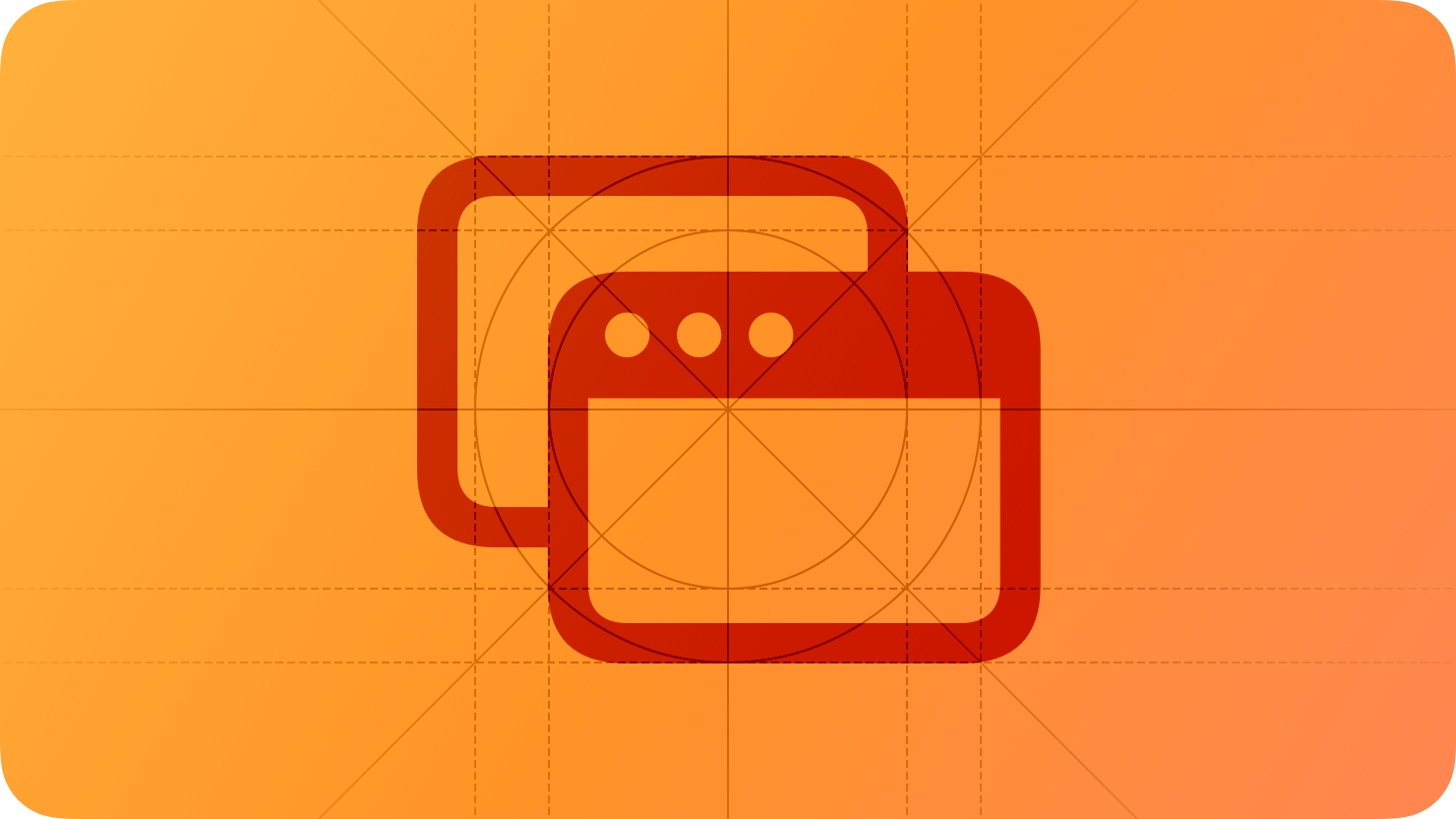 A sketch of an active window above an inactive window, suggesting focus on the frontmost window. The image is overlaid with rectangular and circular grid lines and is tinted orange to subtly reflect the orange in the original six-color Apple logo.