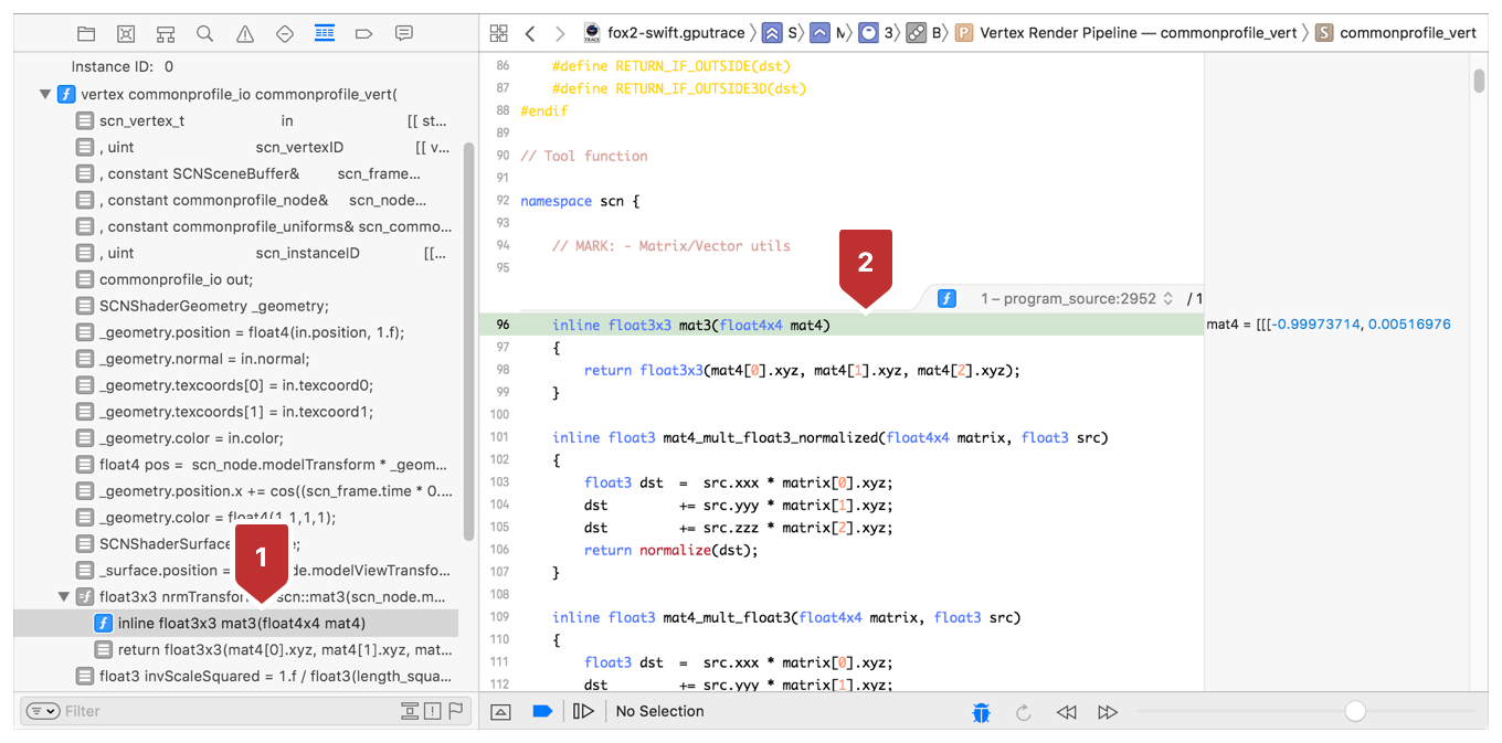 On the left, the ROI list is selected at a specific statement, and on the right, the execution playhead highlights the corresponding line in the shader code.