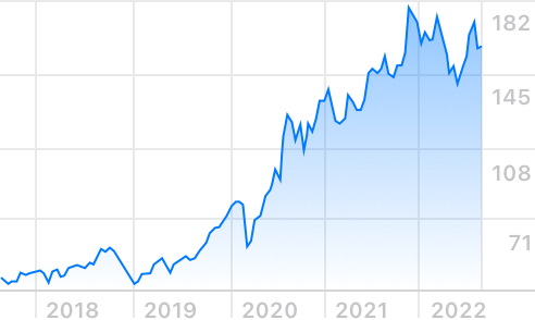A line chart that depicts the performance of a stock over a five-year period.