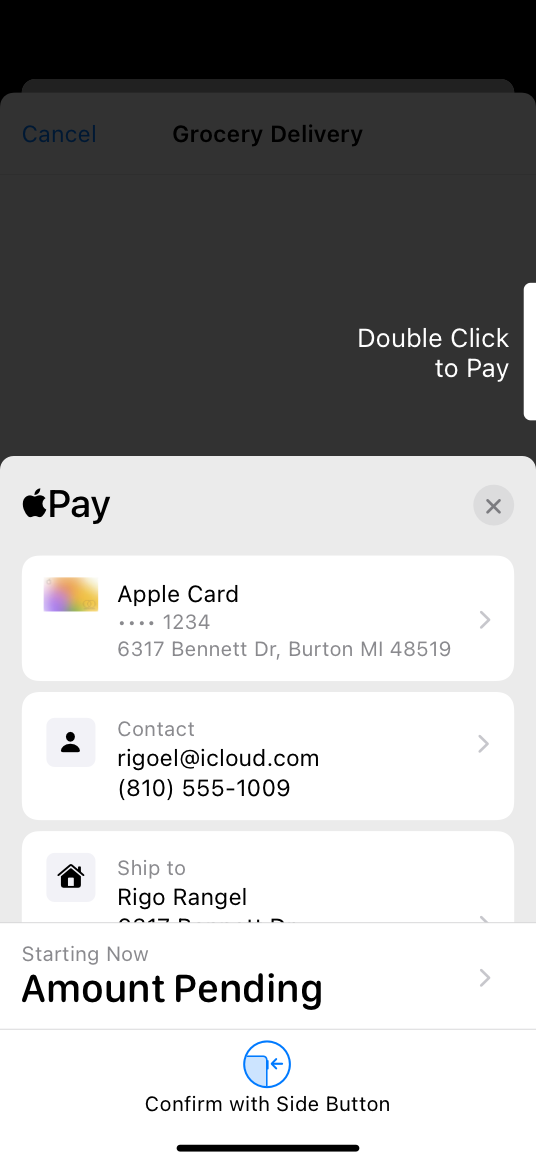 A screenshot of an in-app Apple Pay payment sheet for a variable subscription, which includes the text 'Amount Pending'.