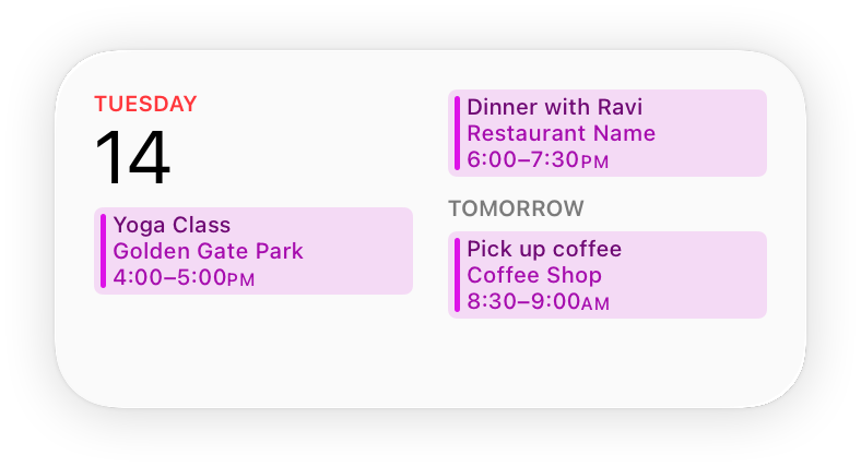 An image of the medium Calendar widget, which has the same height as the small widget, but twice the width. On the left, the widget repeats the small widget’s information, adding a birthday event; on the right the medium widget adds information about tomorrow’s events.