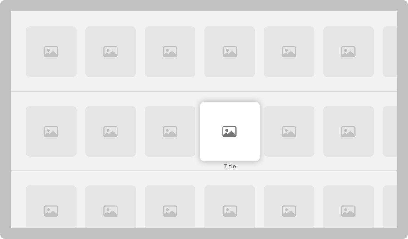 An illustration of Apple TV, displaying a six-column grid of media items. Additional media items are partially visible on the right side and bottom edge of the screen.