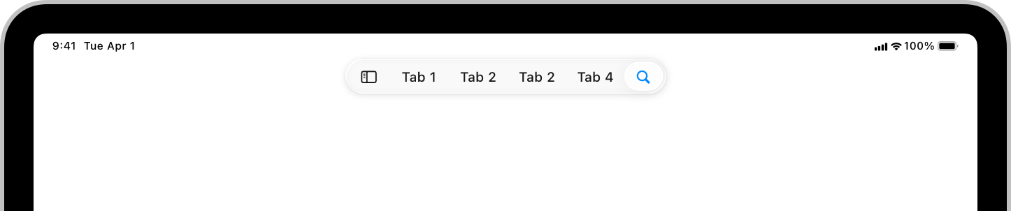 An illustration of an iPad screen with a tab bar at the top edge. The trailing side of the tab bar includes a Search tab with a distinct background color to differentiate it from other tab areas.