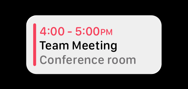 A Calendar widget in the Smart Stack on Apple Watch. It displays a team meeting at 4 P.M. in a conference room.