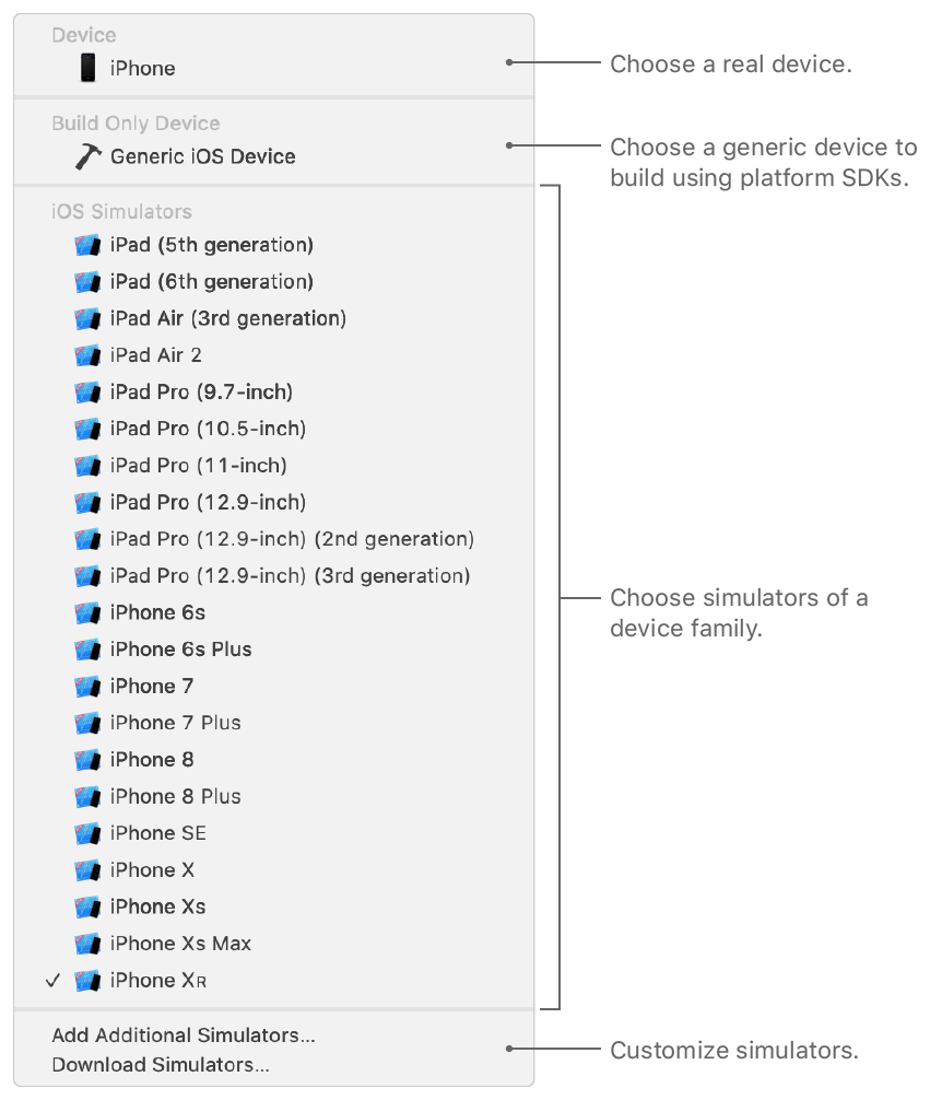 Screenshot showing the run destination menu in the toolbar where you choose a real device, choose a simulated device, or create a custom simulator.