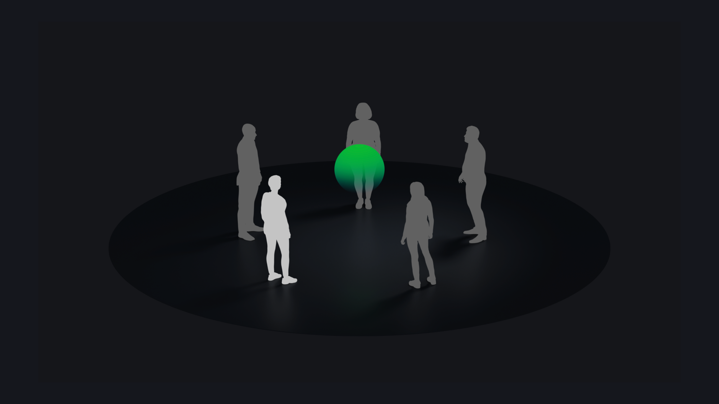 An illustration representing a surround shared activity in visionOS. Participants are gathered in a circle around shared content.