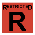 The word restricted, above the letter R, in black, inside a red-filled square.