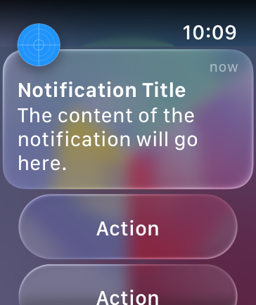 An illustration that represents a long look notification from a generic app. It includes a small primary image in the upper left corner, badging a platter with the notification title and content. Beneath the notification are two full width action buttons, the second of which extends off the screen to indicate that the view is scrollable.