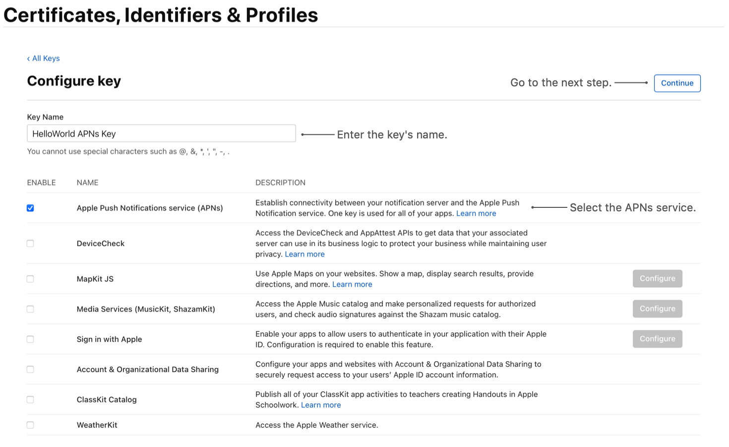 Creating an authentication token signing key that supports APNs in your developer account.