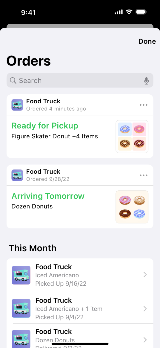 A screenshot of a dashboard that displays an order history screen for a food truck app on iPhone. The screen displays a search field, a list of active orders, and a list of orders placed this month.