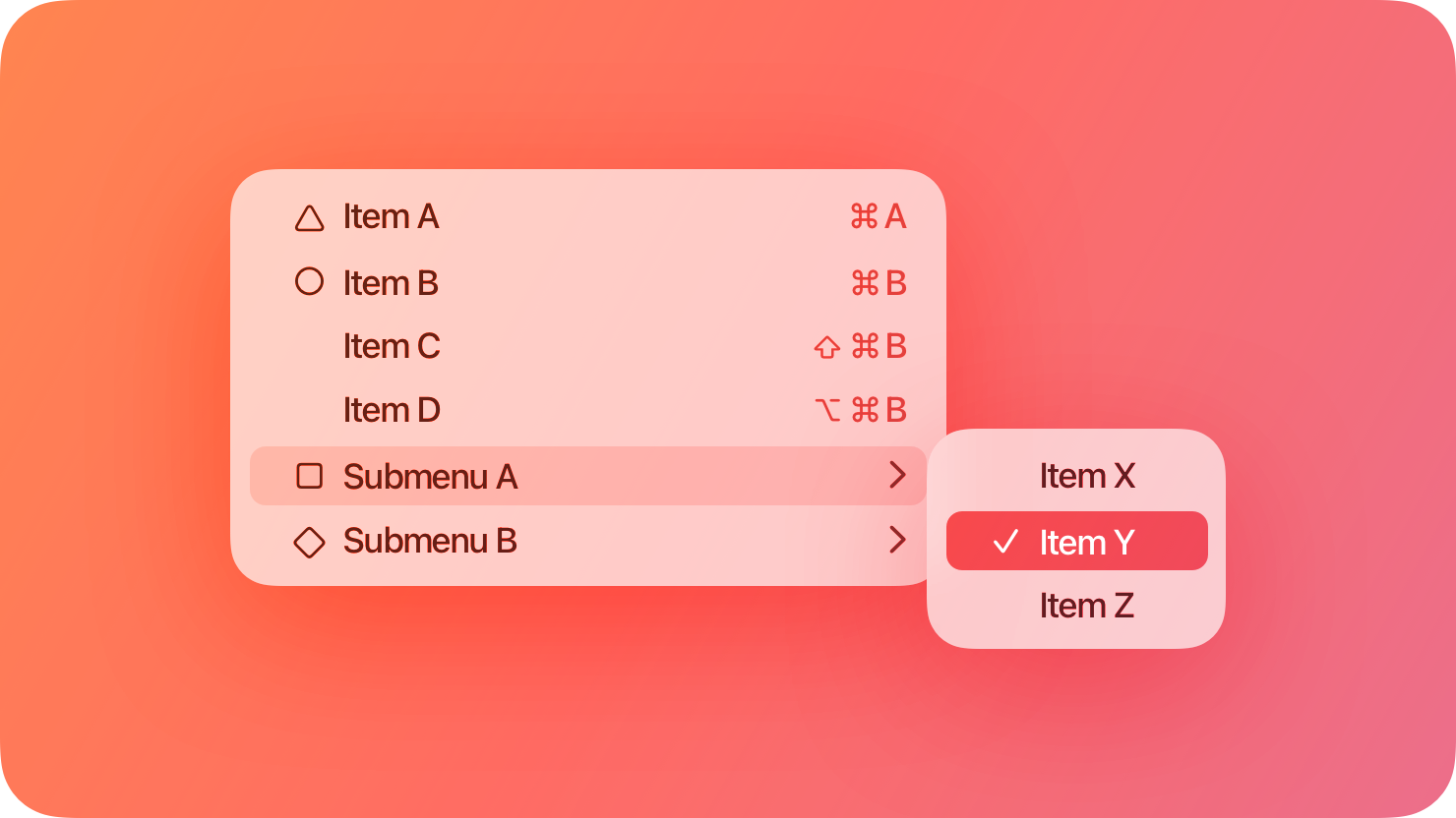 A stylized representation of a menu containing a selected item and displaying a submenu. The image is tinted red to subtly reflect the red in the original six-color Apple logo.