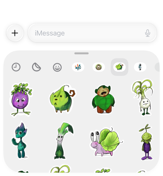 An illustration showing a grid of small stickers in the bottom half of an iPhone screen. Eight stickers are visible in the area, followed by a partial row of four, arranged in three rows.