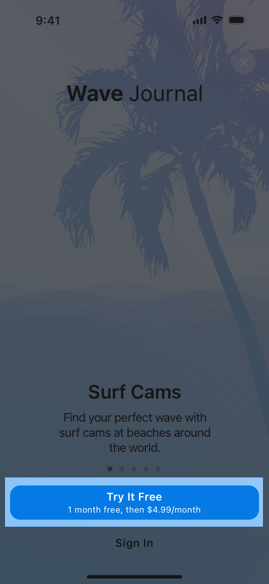 A screenshot of the Wave Journal app running on iPhone. The bottom half of the screen includes a highlighted Try It Free button.
