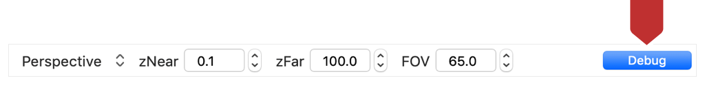 Screenshot of the Debug button marked by a callout out in geometry viewer.