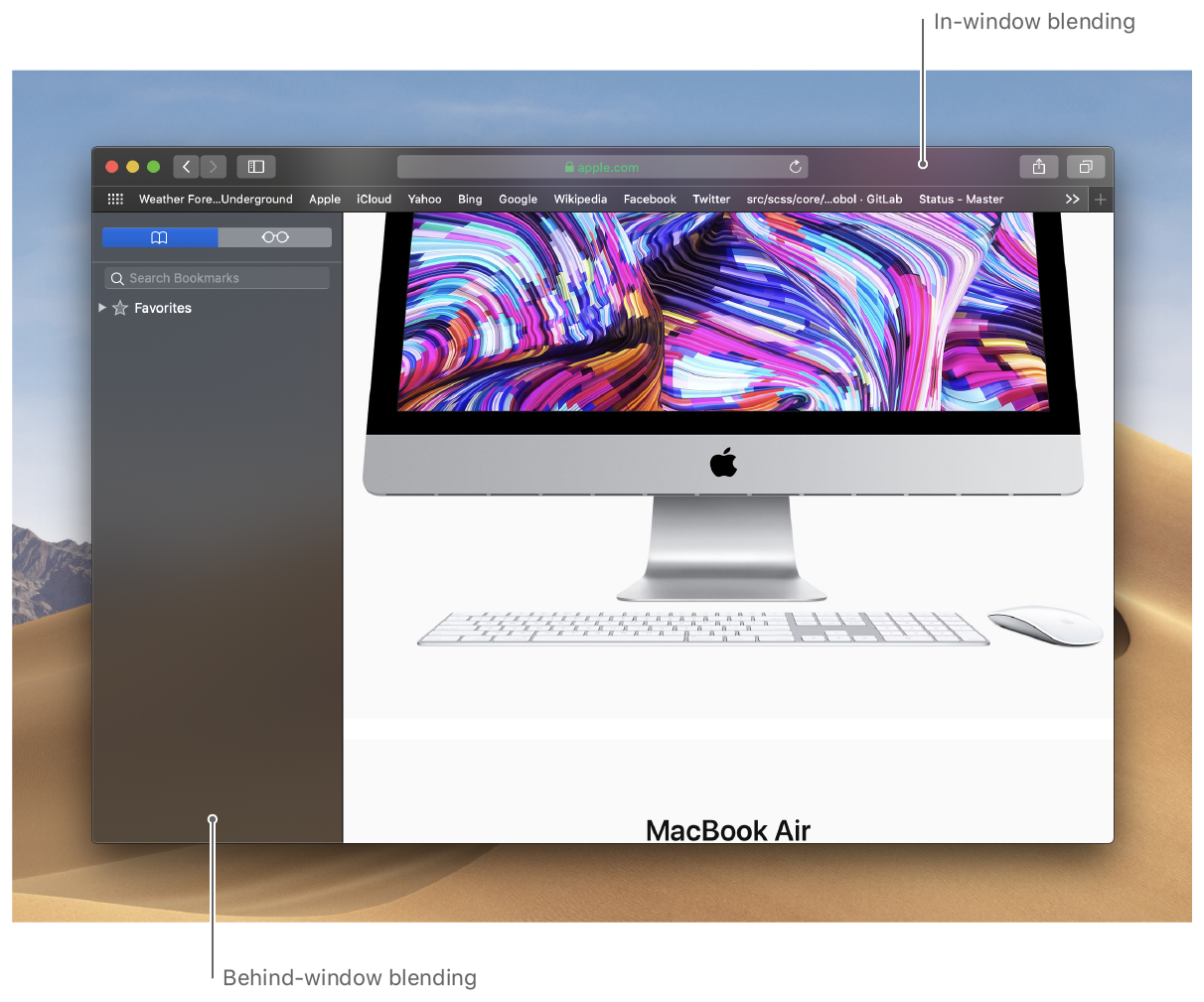 An illustration of a window whose title bar and side bar use visual effect views with different blending options. The title bar uses in-window blending which blends content from the window with the bar. The side bar uses behind-window blending, which allows part of the desktop to show through.