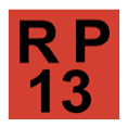The phrase R P, above the number thirteen, in black, inside a red-filled square.