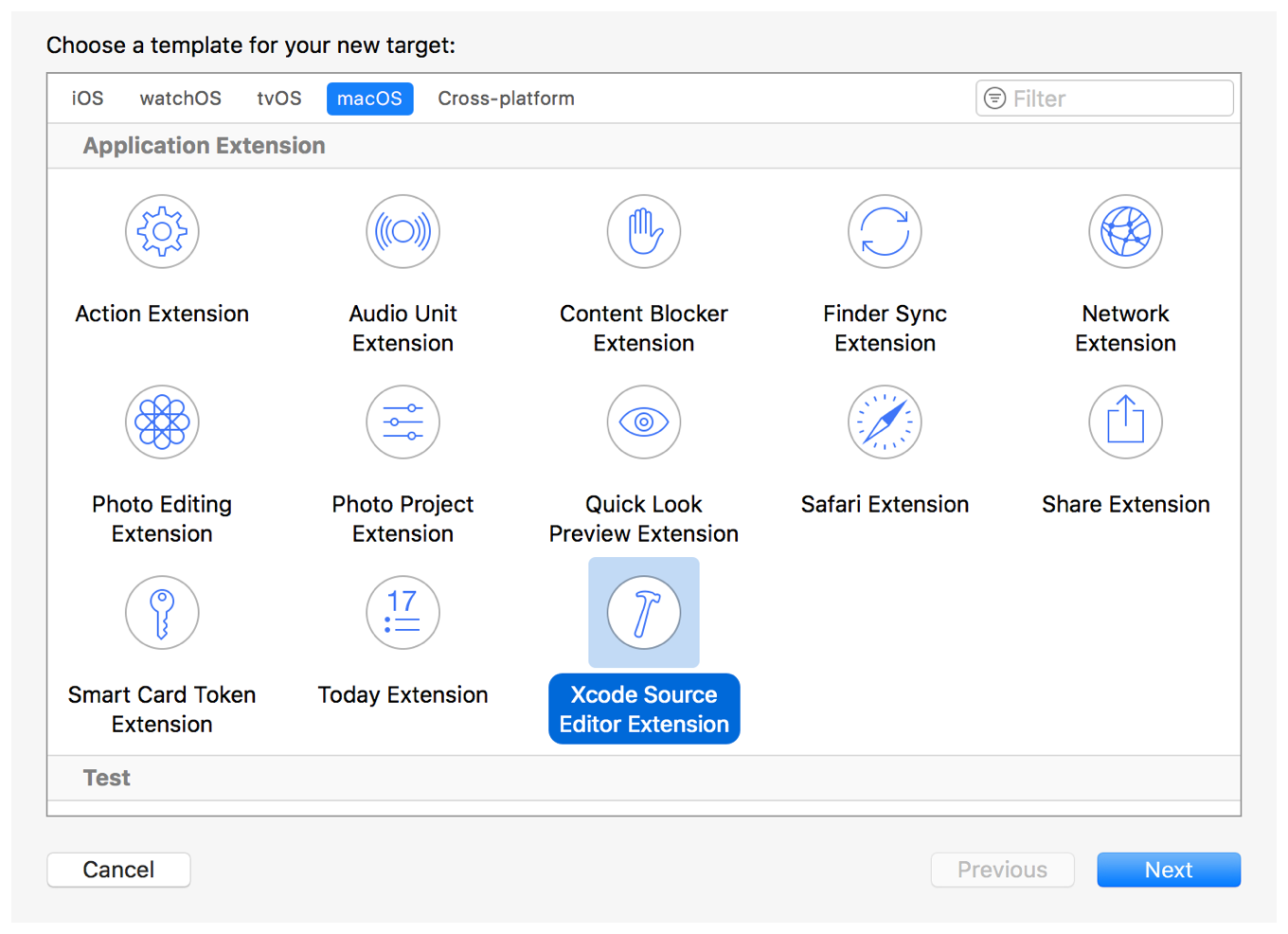 Farklı proje hedeflerini gösteren Xcode ekran görüntüsü. Mevcut hedefler arasında, Xcode Kaynak Editörü Uzantısı seçilidir.