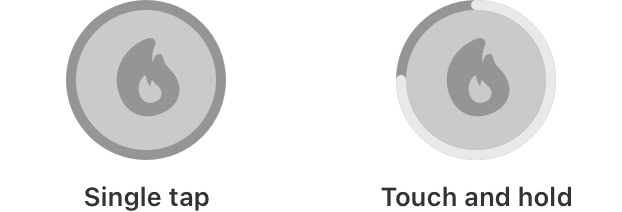 A graphic of a virtual button that supports both single tap and touch and hold gestures.