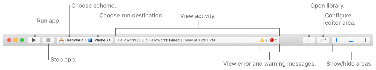 Screenshot of the toolbar in the main window that shows the buttons for controlling execution, choosing the scheme and run destination, viewing the activity of the build, opening the library and configuring the editor area.