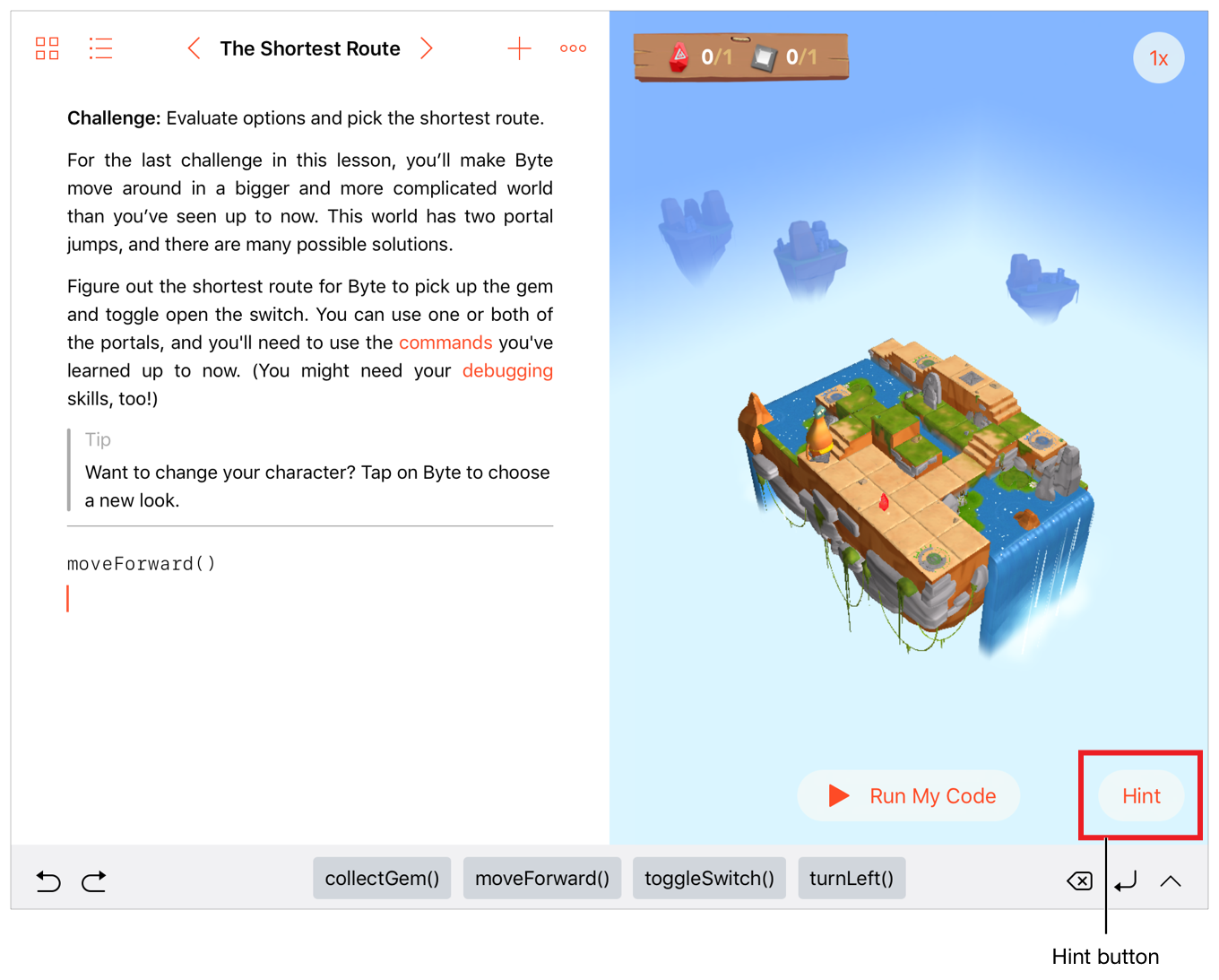 A screen shot showing the Hint button in the bottom right corner of a playground page's live view.