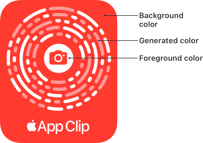 An illustration of an App Clip Code that uses the badge design and has callouts for the background, foreground, and generated colors.