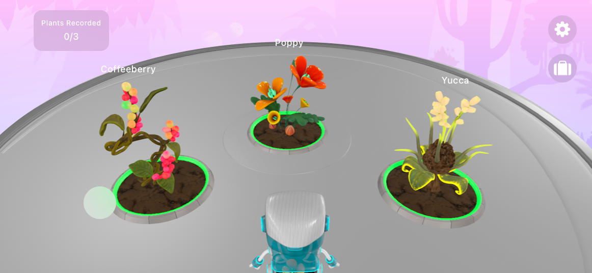 A screenshot that shows a game running on iPhone in landscape. A name appears above each of 3 plants and a status message appears in a rounded rectangle in the top-right corner. All text uses a size that's too small, and the 3 plant names don't have visible backgrounds.