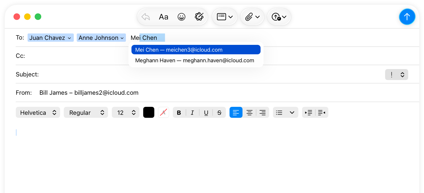 A partial screenshot of a Mail compose window in which tokens represent some recipients.