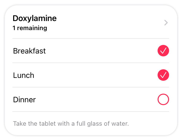 An illustration of a task that directs the patient to take a medicine at breakfast, lunch, and dinner. Filled-in circles containing checkmarks next to breakfast and lunch show that the patient has taken the first two doses.