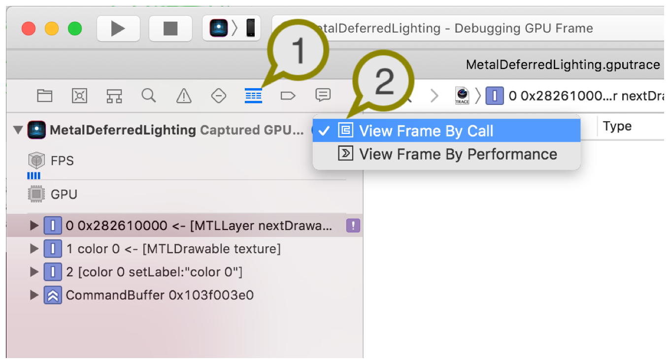 Screenshot showing Xcode after enabling the debug navigator and choosing to view the frame by call.