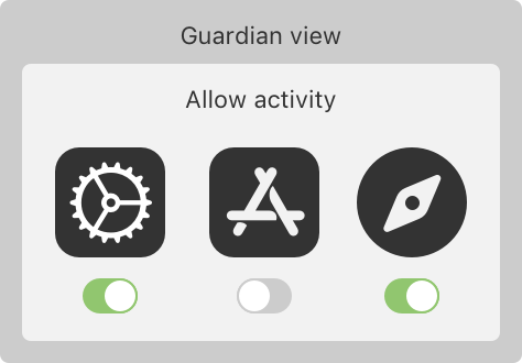 A web diagram consisting of three arrows to the left, below and right with a settings icon in the center. On the left side is a yield sign toward 18+ content. To the right is a restrict sign toward app store content, and below is a lock sign toward iPhone passcode.