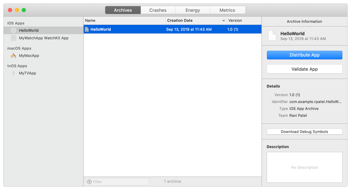 Screenshot of the Archives organizer showing an archive selected and Distribute App button.