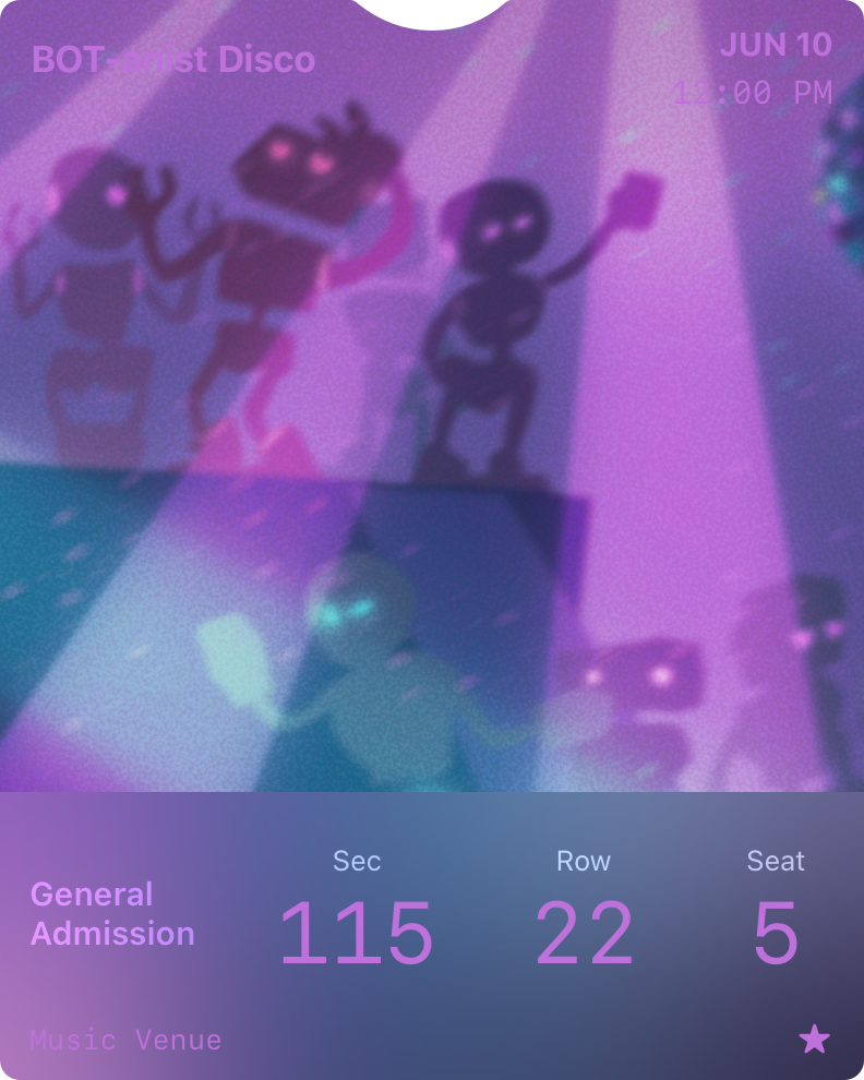 An illustration of a poster event ticket with poor contrast between the background image and ticket information.