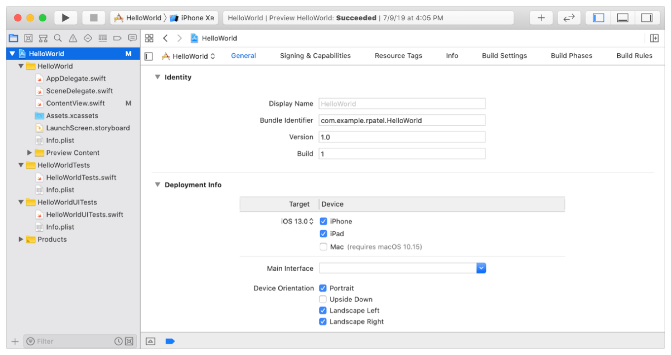 Screenshot showing the General pane of the project editor with the Identity and Deployment Info settings revealed.