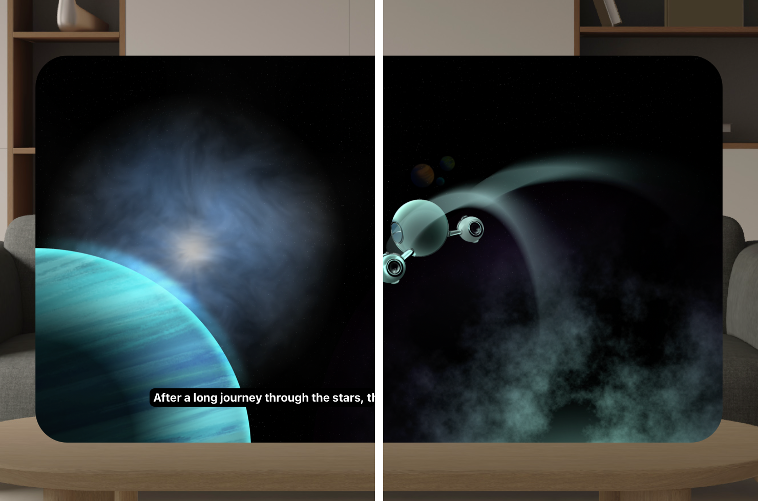 An image of a TV window in visionOS. The image is split down the center to contrast the personalized experiences of two people: Person 1 has subtitles turned on, while Person 2 has subtitles turned off.