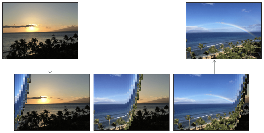 Bar swipe transition from a beach at sunset to a beach at daytime with rainbow in the sky