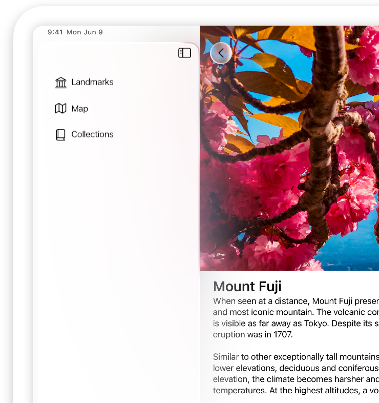 A screenshot of the Landmarks app showing the sidebar. The image next to the sidebar doesn't extend beneath it, so the sidebar floats above an empty background.