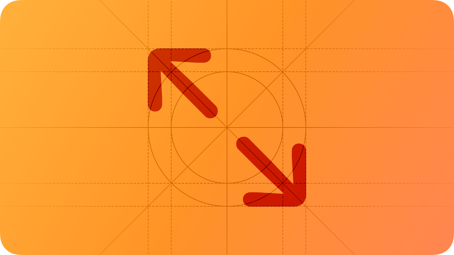A sketch of two outward-pointing arrows arranged in a vertical line extending from the upper-left to the bottom-right, suggesting expansion. The image is overlaid with rectangular and circular grid lines and is tinted orange to subtly reflect the orange in the original six-color Apple logo.