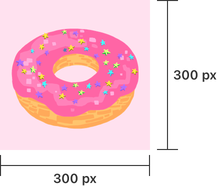 An illustration of donut, representing a product image. Horizontal and vertical lines extend along the bottom and right side of the image, and include labels that denote the illustration is 300 pixels wide by 300 pixels high.