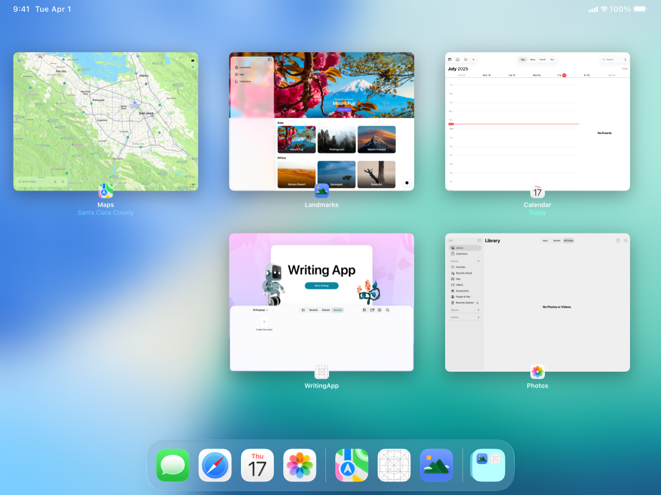 A screenshot of the iPad app switcher in landscape orientation, showing five open apps. Thumbnail representations of the apps are arranged in a grid.
