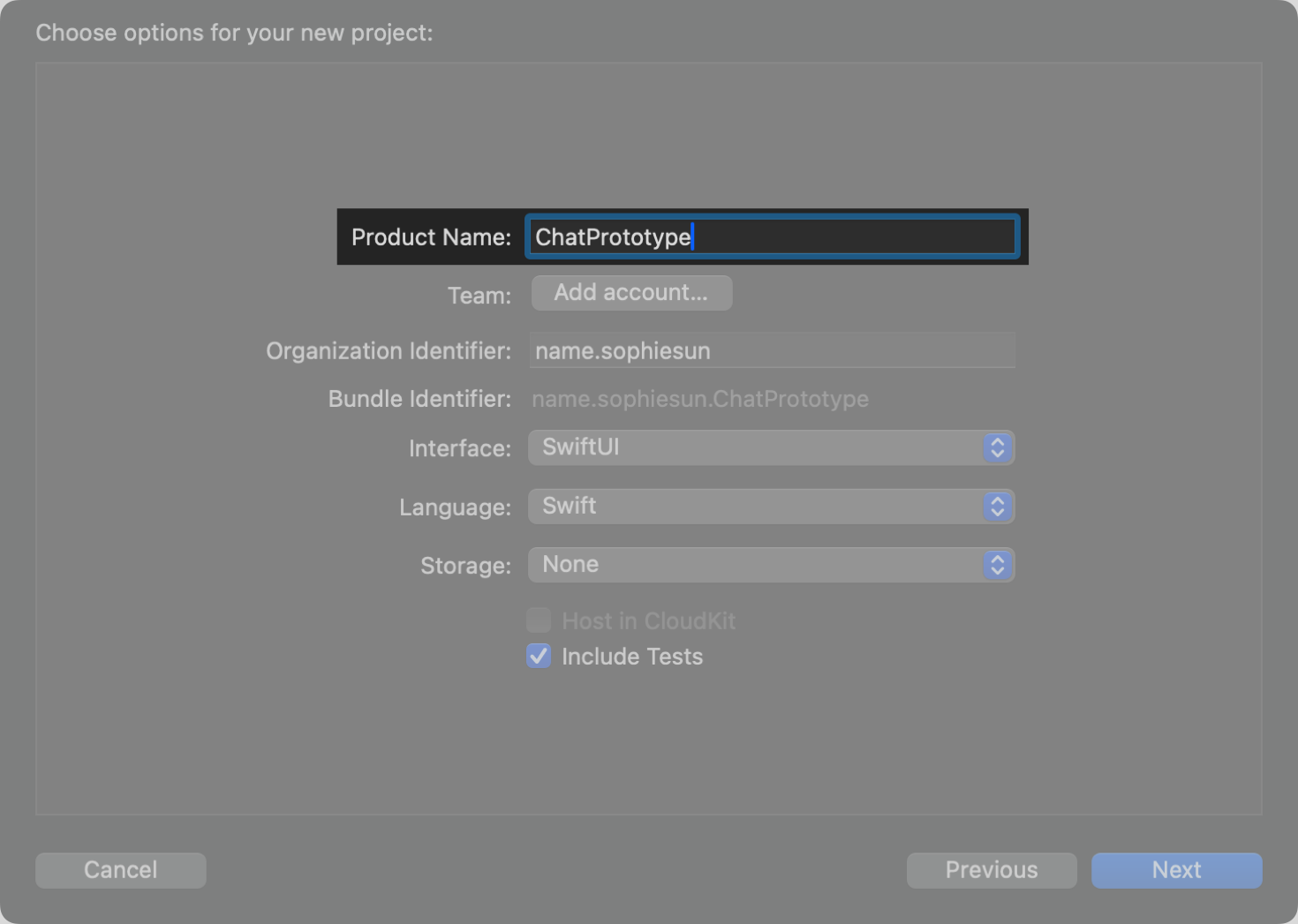 In the project options dialog, enter “ChatPrototype” next to Product Name.