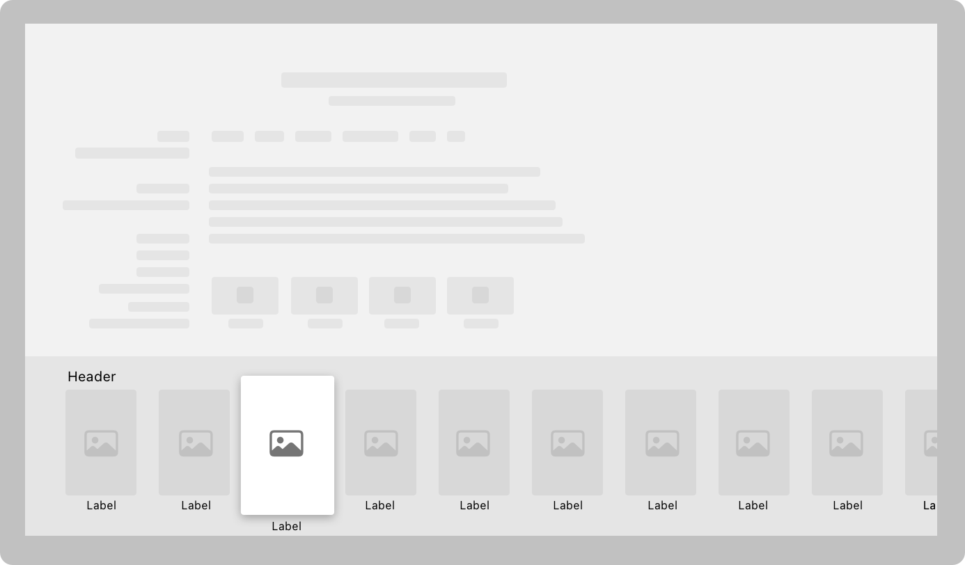 An illustration of an Apple TV screen that shows a row of several posters near the bottom edge. One poster is focused and below it is placeholder content that represents a line of text.