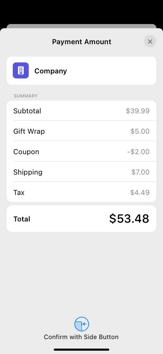 A screenshot of an in-app payment sheet that includes an additional charge for gift wrap and a credit applied for a coupon.