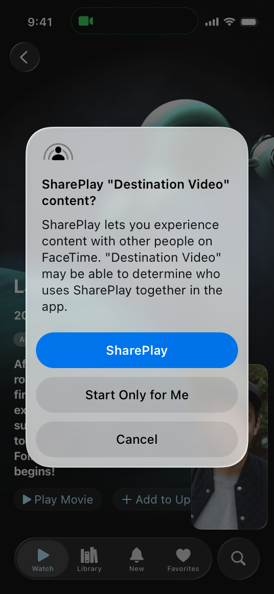 A screenshot of the TV app on iPhone. The screen shows an alert overlaid on a video and text. The alert includes buttons titled 'SharePlay', 'Start Only for Me', and 'Cancel'.
