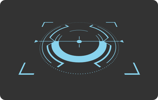 An illustration of a complex visual placement indicator consisting of a circular shape with markers indicating a center and diameter, inside right-angle shapes framing a square. The indicator is shown in 3D perspective with the longest edge on the bottom.