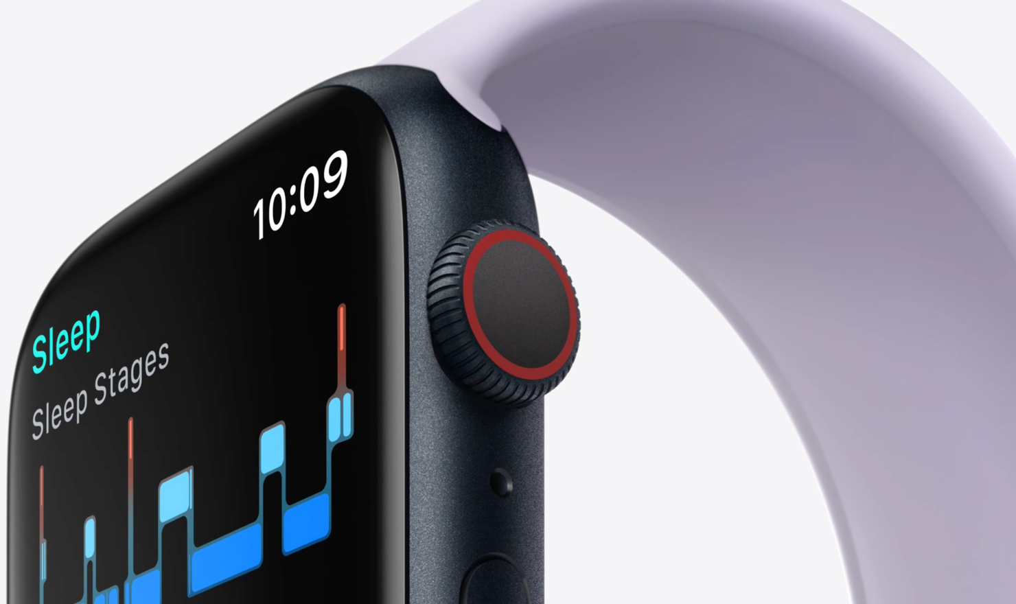 A close-up photograph of Apple Watch, shown at an angle, with the Digital Crown prominently featured at the center of the image.