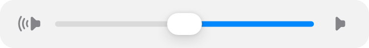 An illustration of a volume control slider. The right side has a left-facing speaker glyph with no sound emerging, and the left side has a left-facing speaker glyph with sound waves projecting from it, showing that moving the thumb from right to left makes the volume louder.
